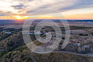 Juromenha castle, village and Guadiana river drone aerial view at sunset in Alentejo, Portugal