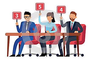 Jury judges holding scorecards. Quiz people show. Professional competition judges, trivia game jury vector illustration