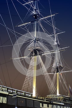 Jury-masts and rope of sailing ship in the dark