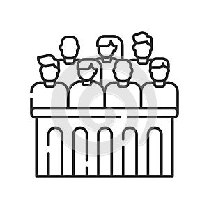 Jury trial line black icon. Courthouse concept. decision on a disputed issue in a civil or criminal case or an inquest