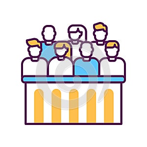 Jury trial line color icon. Courthouse concept. decision on a disputed issue in a civil or criminal case or an inquest.