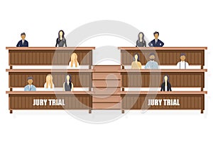 Jury trial Vector flat style. Law order brochure templates. Page flyers justice concepts