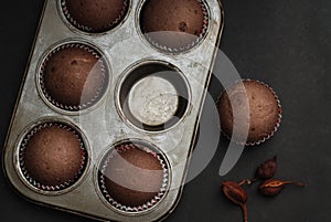 Just Baked Homebaked Chocolate Muffins for Dessert with colored Conffeti. Dark Background.