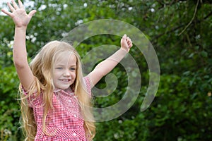 Just be happy. Little child happy smiling. Small girl wear long hair. Little girl with blond hair. Happy small child