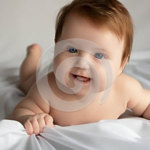 Just beautiful. Cute smiling baby. Cute 3 month old Baby girl infant on a bed on her belly with head up
