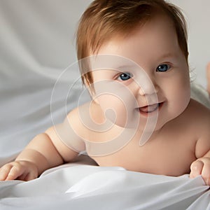 Just beautiful. Cute smiling baby. Cute 3 month old Baby girl infant on a bed on her belly with head up