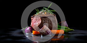 Just cooked fillet mignon steak with vegetable garnish, at dark background, AI generative image