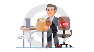 Just fired business man holding belongings box