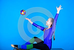 Just flying. Gymnastics. Happy child sportsman with ball. Sport and health. Fitness diet. Energy. Acrobatics gym workout