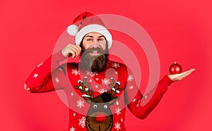 Just for fun. Decorate your home. Bearded hipster man hold christmas decoration. Run xmas party. Organise party. Winter