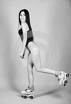 Just having fun. Woman sexy buttocks roller skating. Roller skates active leisure. Feeling free to do anything. Girl in