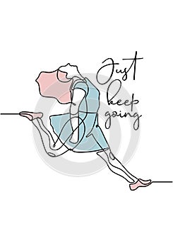 Just keep going motivational quotes poster with girl jump continuous one line drawing minimalism design. Vector illustration