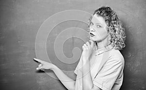 Just look here. Teachers enlighten path of success. Woman teacher in front of chalkboard. Important information to