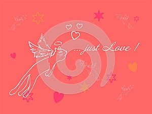 Just Love. A Just Love banner, valentine card, pink. A backdrop with hearts