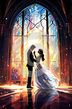 Just Married Bridal Couple inside a Beautiful Vitral Colorful Church Illustration, Religious Wedding Ceremony photo