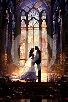 Just Married Bridal Couple inside a Beautiful Vitral Colorful Church Illustration, Religious Wedding Ceremony photo