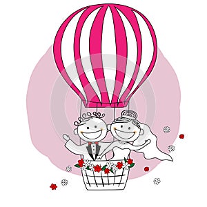 Just married. Bride and groom on hot air balloon cartoon