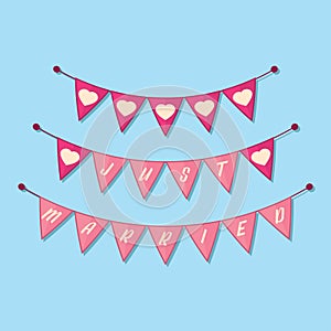 Just married buntings garlands, vector illustration