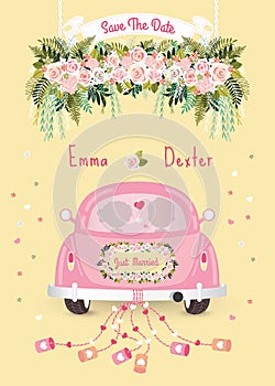 Just married car with save the date wedding invitation card