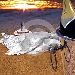 A just married couple on the beach. Champagne, veil, cake.