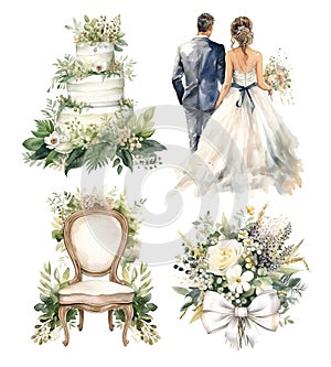 Just married couple with bouquet of flowers. Elegant groom and bride hand-painted illustration. Watercolor art isolated