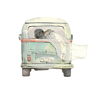 Just married couple in the bus, watercolor photo