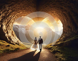 Just married couple in heart shape cave in the mountains