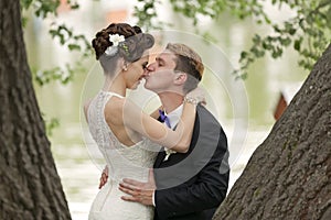 Just married couple kissing