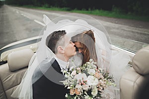 Just married couple in the luxury retro car on their wedding day