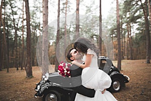 Just married couple in the luxury retro car on their wedding day