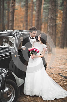 Just married couple in the luxury retro car on their wedding day