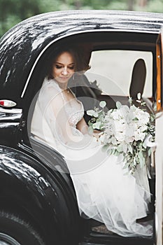 Just married couple in the luxury retro car on their wedding day