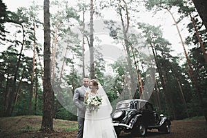 Just married couple in the luxury retro car on their wedding day