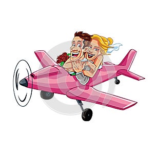 Just Married Couple Riding A Pink Plane On A Honeymoon Trip Cartoon Vector