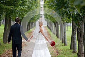 Just Married Couple Walking Down The Parkway