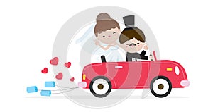 Just married couple in wedding car, bride and groom on a roadtrip in car  after wedding ceremony , cartoon married character