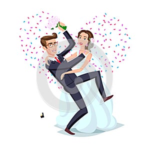 Just married funny couple, bride and groom dance from after wedding ceremony pink background heart vector