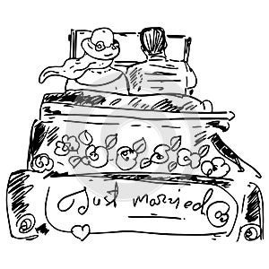 Just married graphic illustration. Man and woman in the car with text `just married`. Honeymoon trip sketch