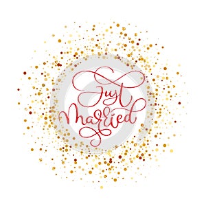 Just married hand lettering with hearts background for wedding cards and invitation. Vector illustration