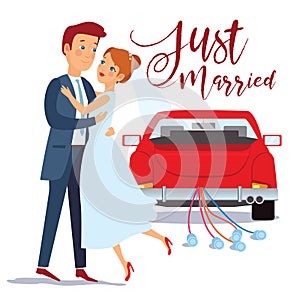 Just married happy couple bride and groom hugging each other, wedding card design, vector illustration. Just married car