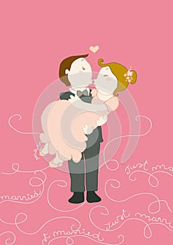 Just married in hug funny illustration