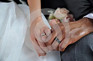 Just Married Interracial Couple Holding Hands Wearing Wedding Rings