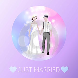 Just married newly weds bride and bridegroom wedding defocus background cartoon vector illustration.