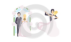 Just Married Newlyweds Set, Happy Couple Celebrating Marriage, Bride and Groom Dancing Flat Vector Illustration