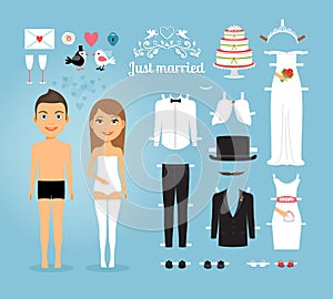 Just Married Paper Dolls with Set of Wedding Stuff