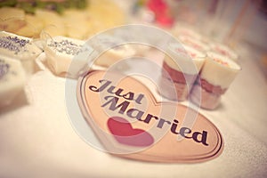 Just Married sign on a Wedding candy table
