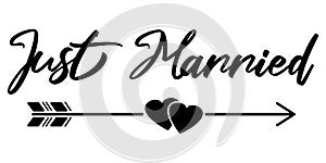 Just Married text with arrow and hearts. Black sign isolated vector illustration.