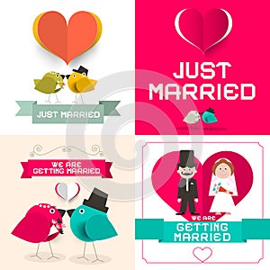 Just Married. Vector Wedding Cards Set.