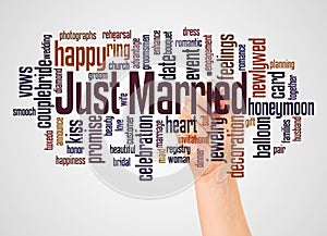 Just Married word cloud and hand with marker concept