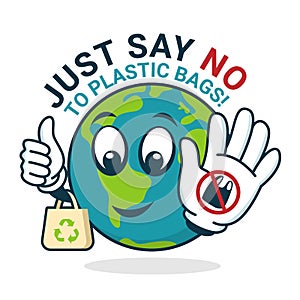 Just say no to plastic Bag with world charator show stop plastic sign and hold Cloth Bag banner vector design